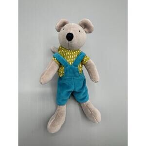 Moulin Roty French Gray Mouse Plush 9” Adorable Stuffed Animal In Overalls RARE